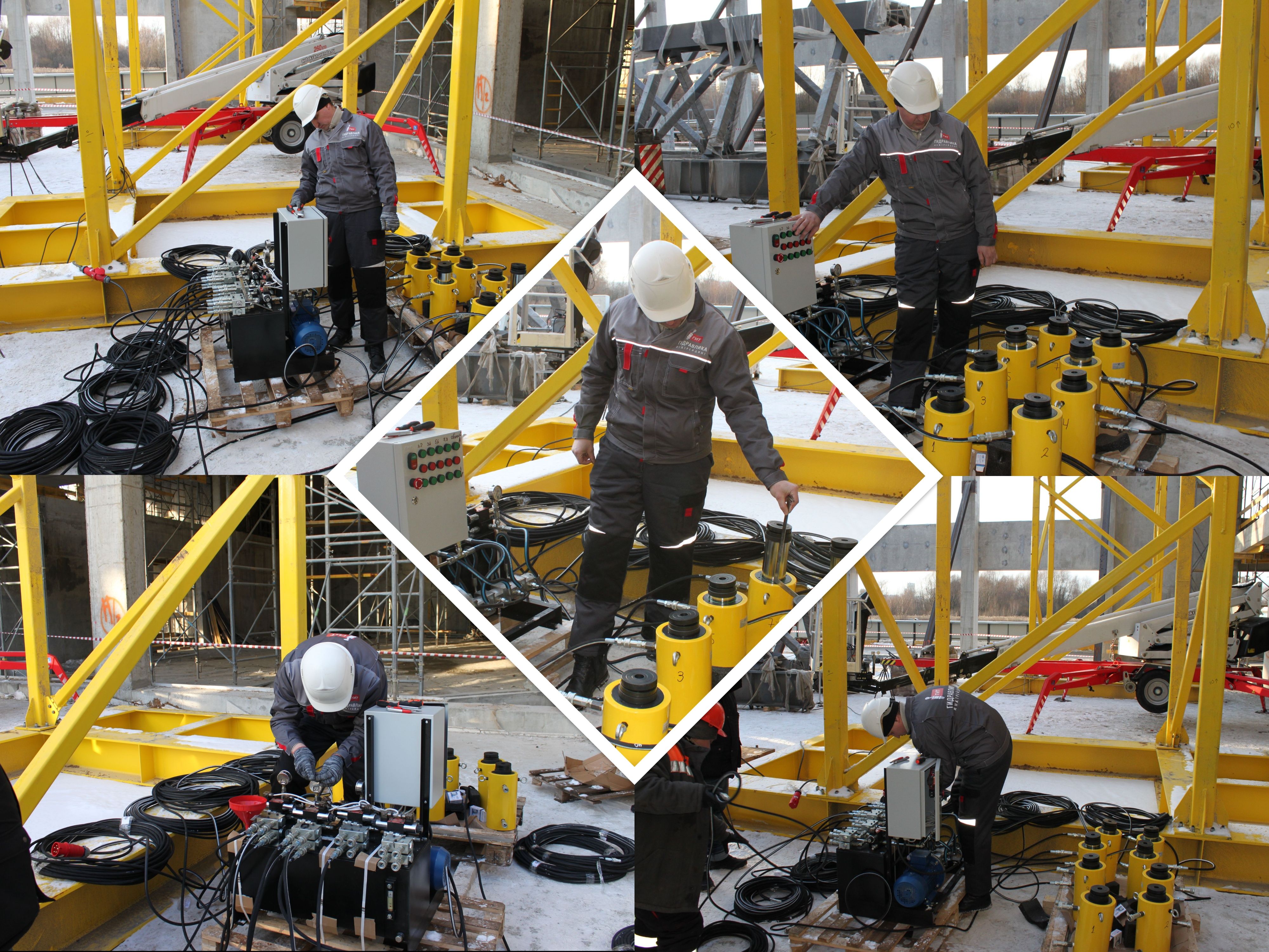 Шеф монтаж гидравлической системы синхронного подъема стропильных ферм